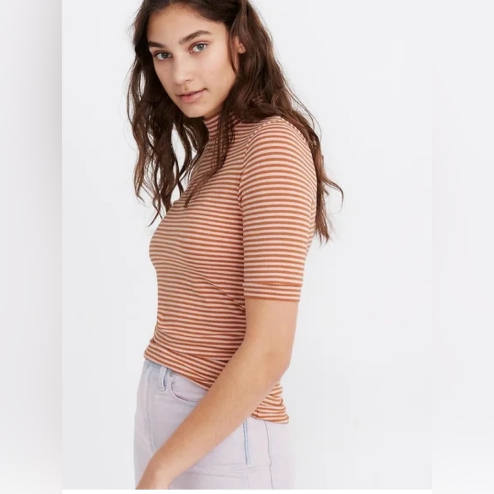 Madewell Mockneck Quarter Sleeve Orange and Pink Stripe, XS